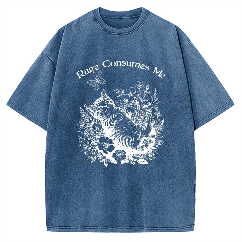 Unisex Rage Consumes Me Cute Cat Printed Washed Tee