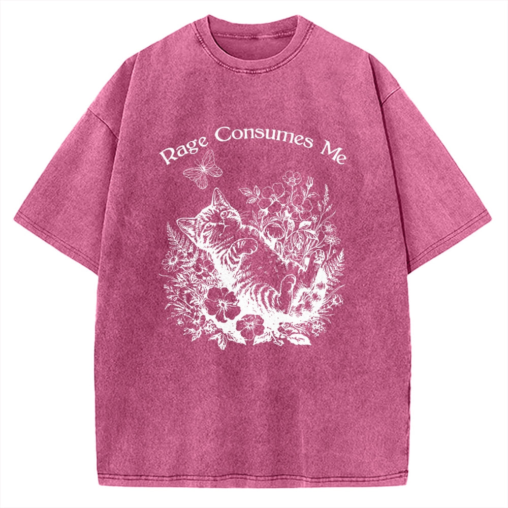Unisex Rage Consumes Me Cute Cat Printed Washed Tee