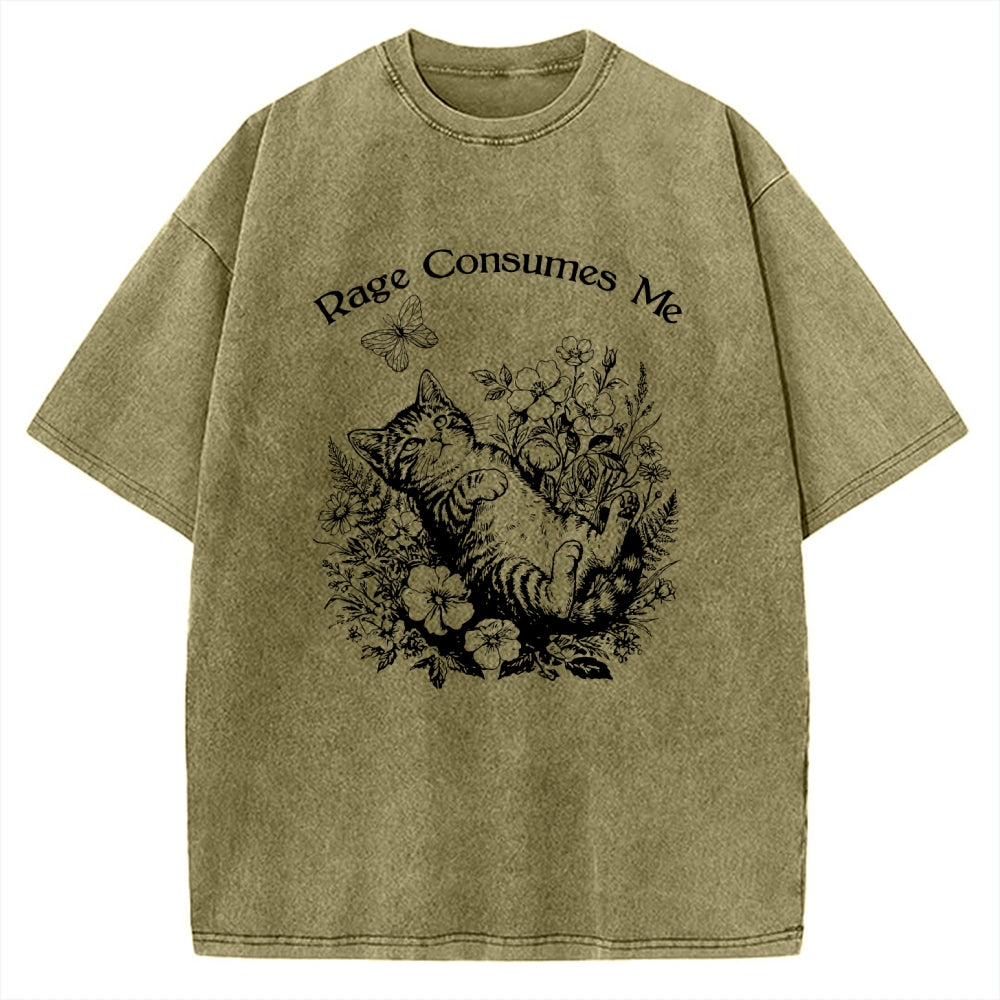 Unisex Rage Consumes Me Cute Cat Printed Washed Tee