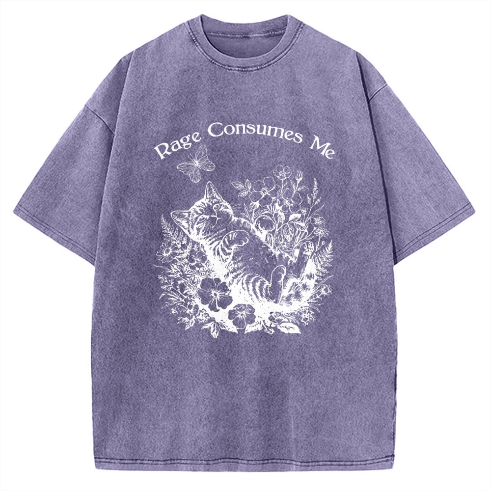 Unisex Rage Consumes Me Cute Cat Printed Washed Tee