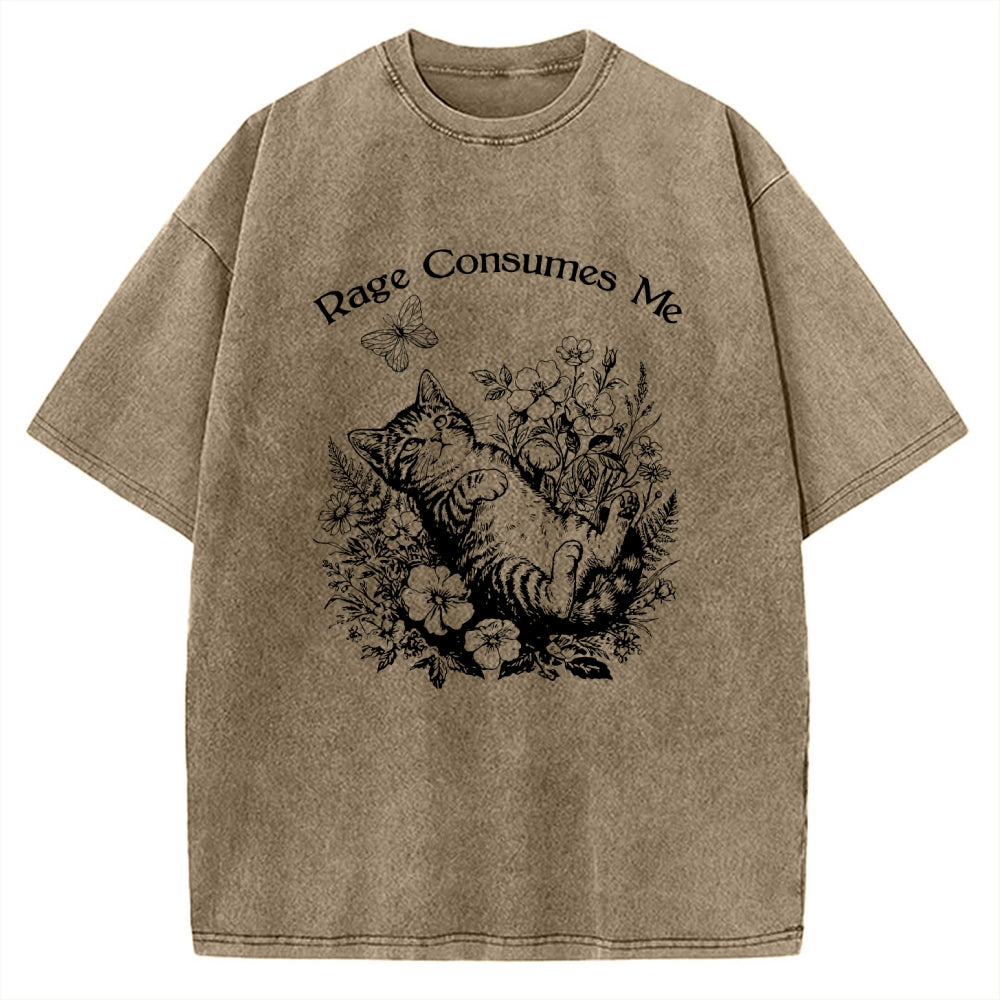 Unisex Rage Consumes Me Cute Cat Printed Washed Tee