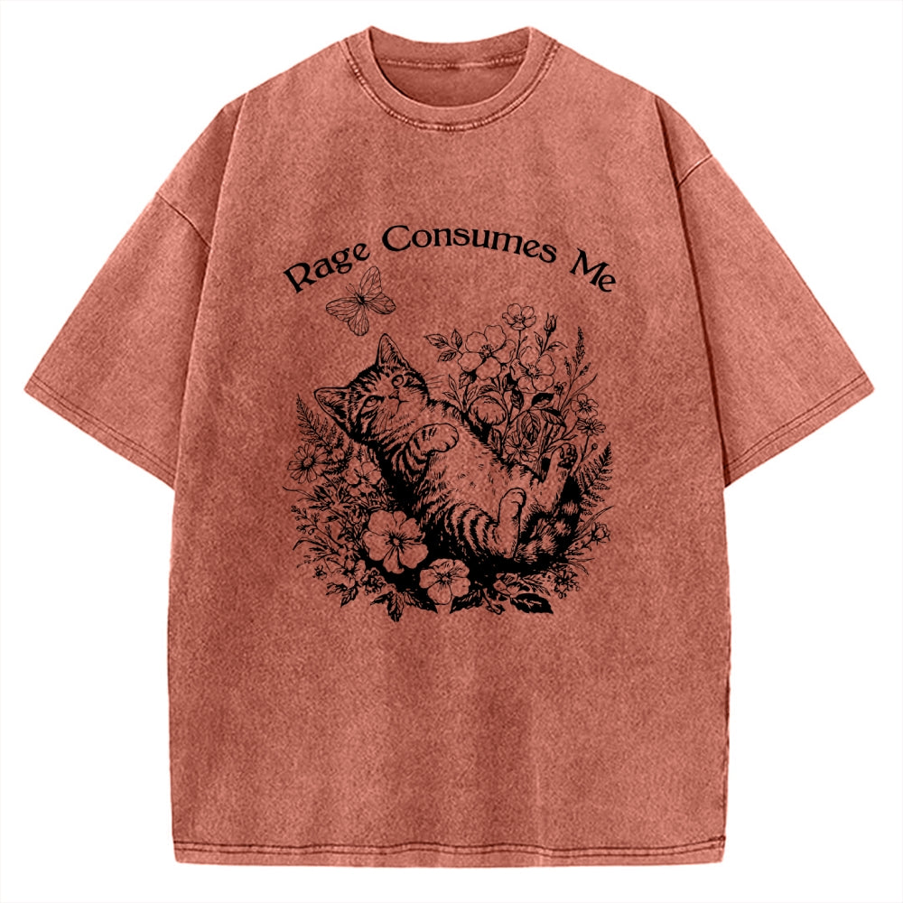 Unisex Rage Consumes Me Cute Cat Printed Washed Tee