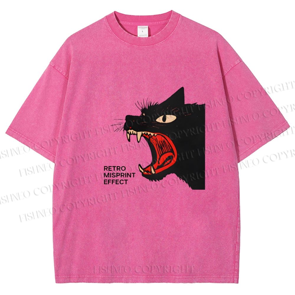 Unisex Black Cat Shouting Printed Washed Tee