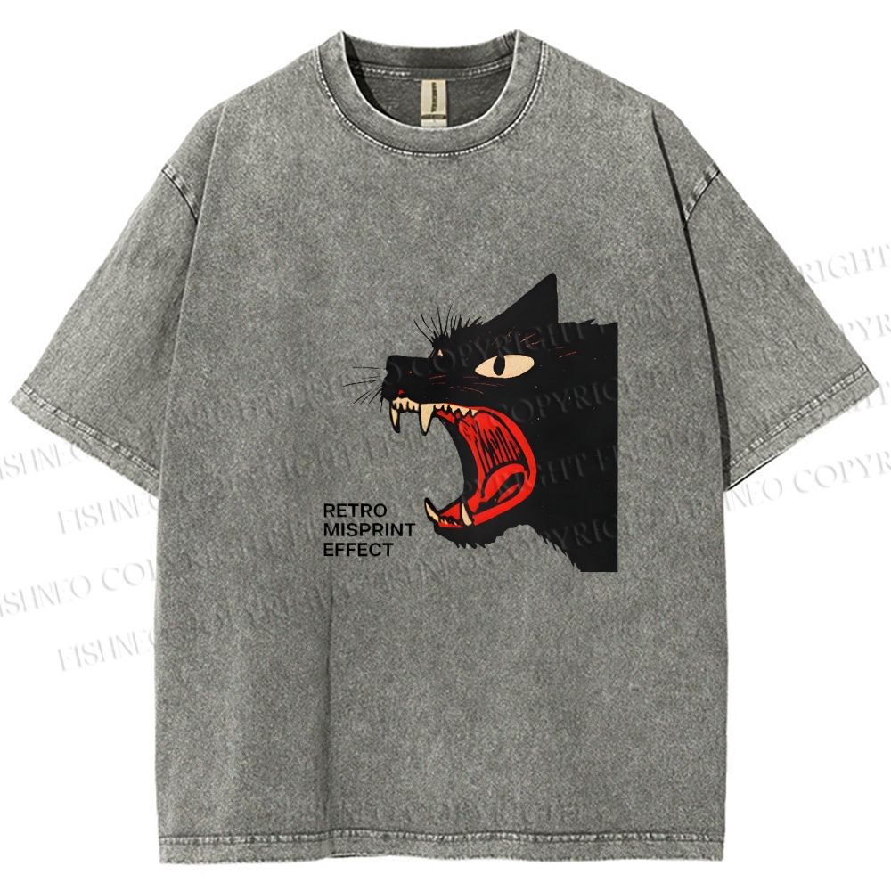 Unisex Black Cat Shouting Printed Washed Tee
