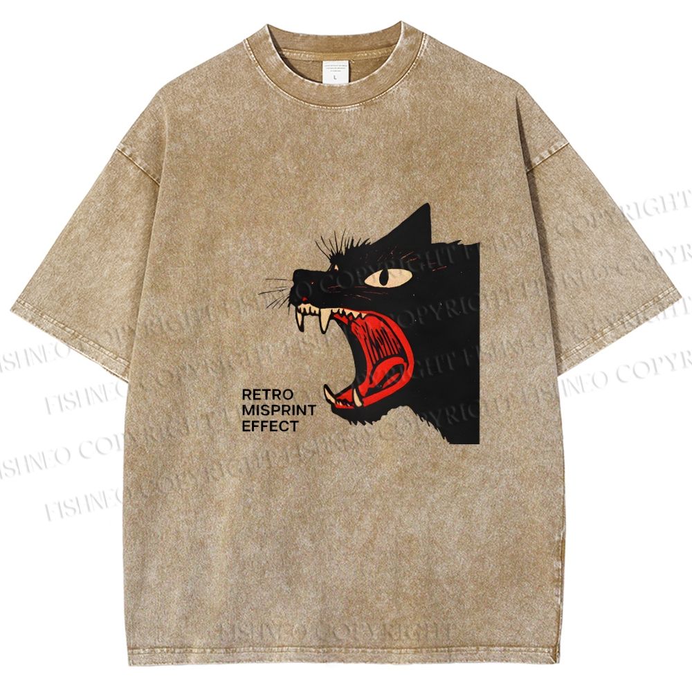 Unisex Black Cat Shouting Printed Washed Tee