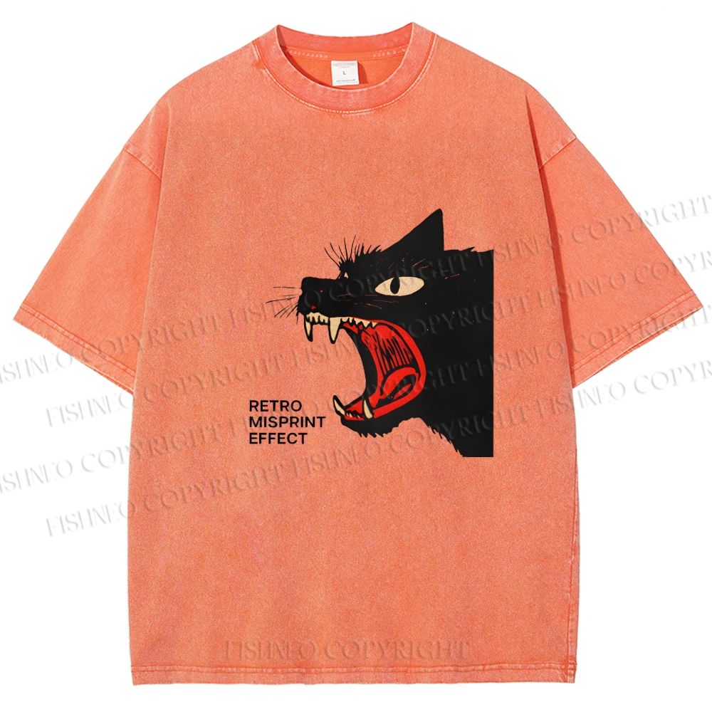 Unisex Black Cat Shouting Printed Washed Tee