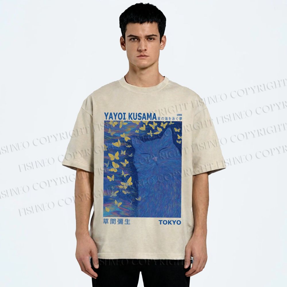 Unisex Yayoi Kusama Blue Cat Printed Washed Tee