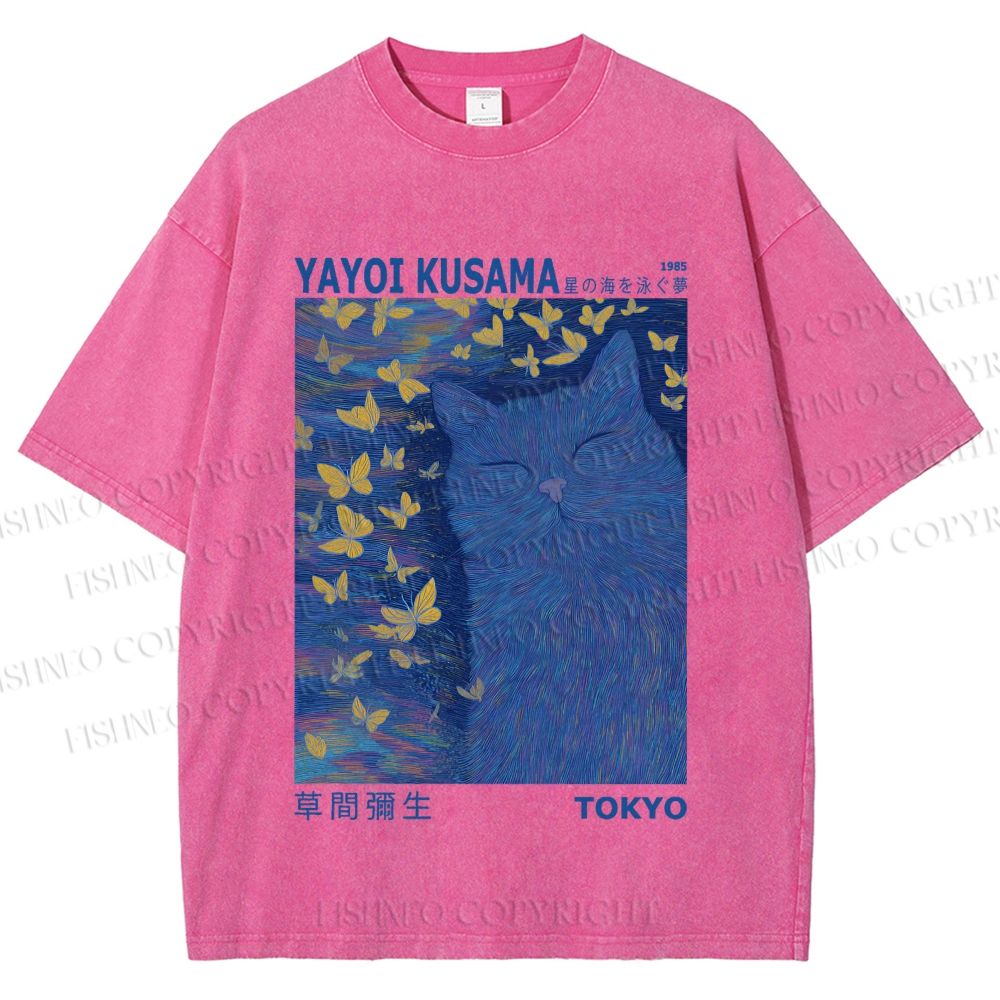 Unisex Yayoi Kusama Blue Cat Printed Washed Tee