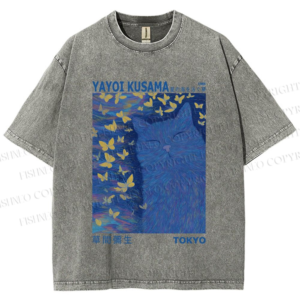 Unisex Yayoi Kusama Blue Cat Printed Washed Tee