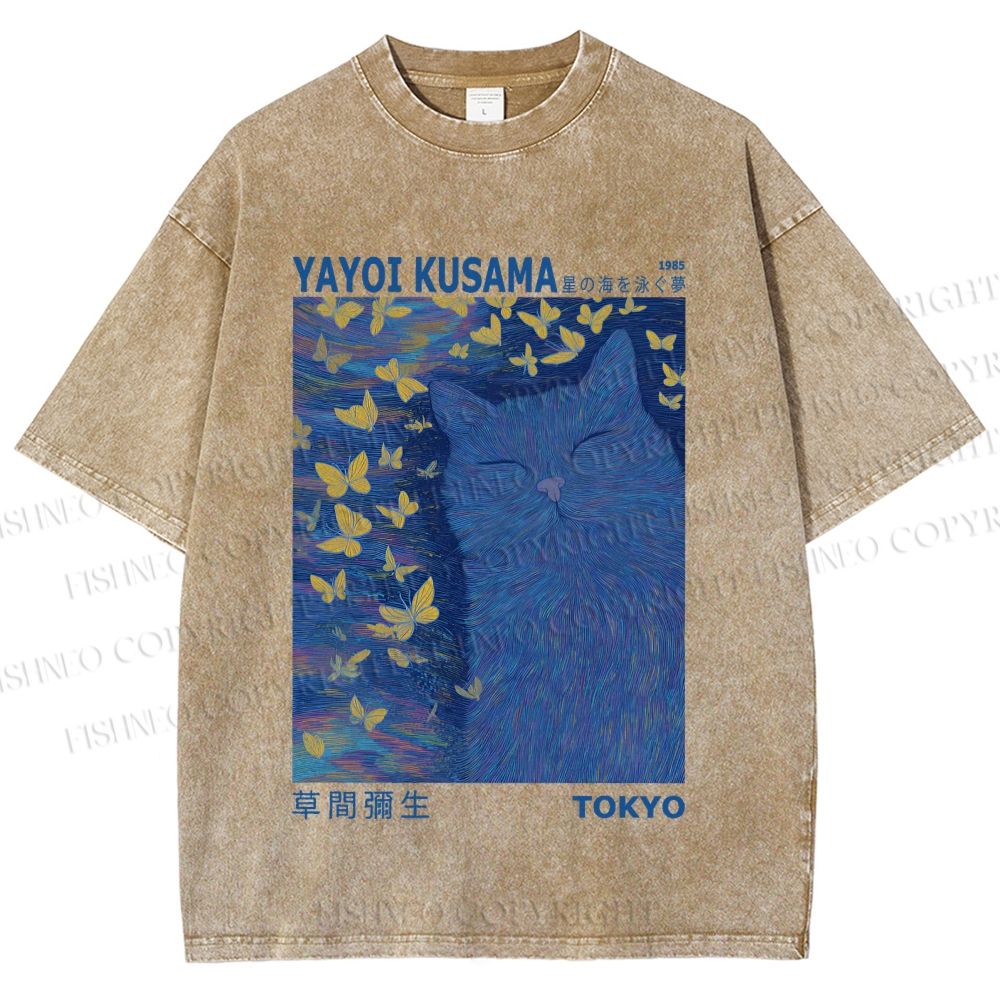 Unisex Yayoi Kusama Blue Cat Printed Washed Tee