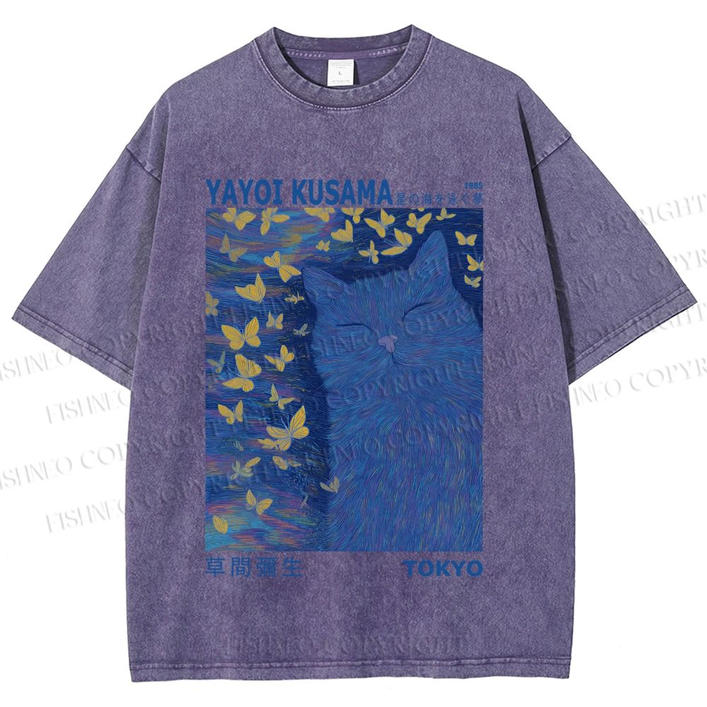 Unisex Yayoi Kusama Blue Cat Printed Washed Tee