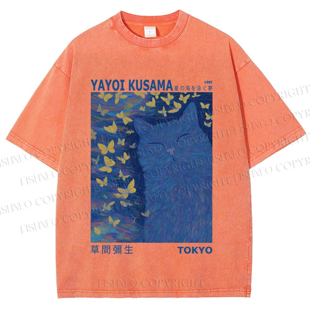 Unisex Yayoi Kusama Blue Cat Printed Washed Tee