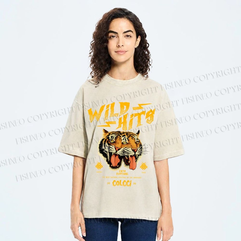 Unisex Wild Hits Tiger Printed Washed Tee