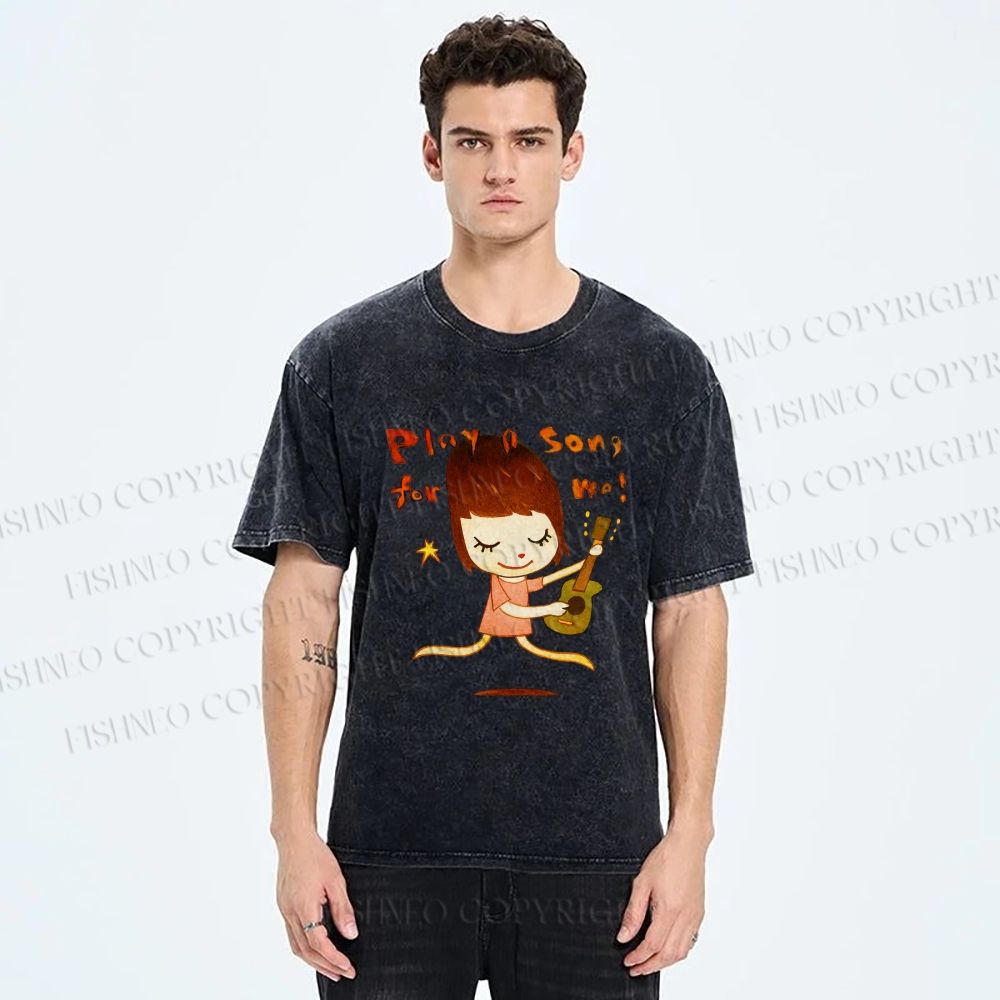Unisex Yoshitomo Nara Play A Song For Me Printed Washed Tee