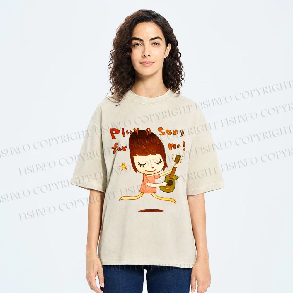 Unisex Yoshitomo Nara Play A Song For Me Printed Washed Tee