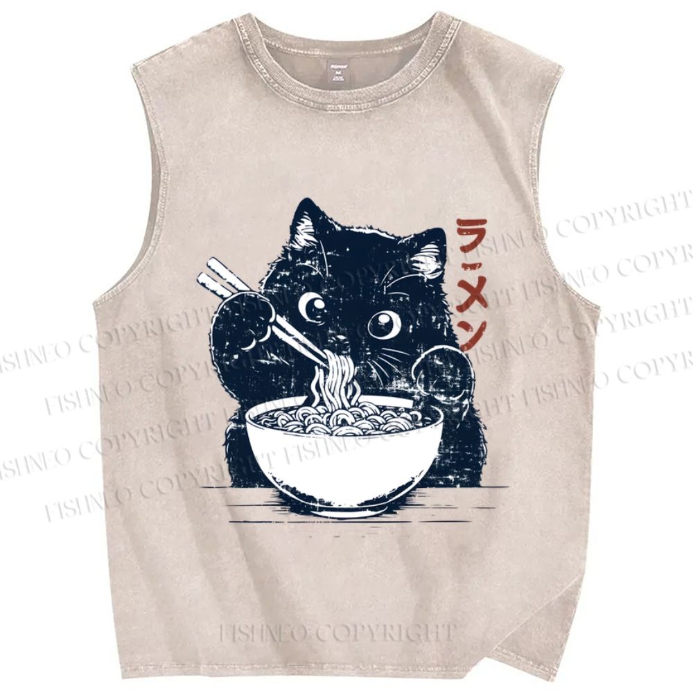 Unisex Ramen Black Cat Printed Washed Tank Top