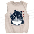Unisex Ramen Black Cat Printed Washed Tank Top