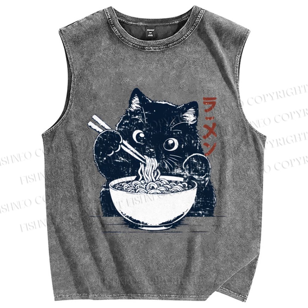 Unisex Ramen Black Cat Printed Washed Tank Top