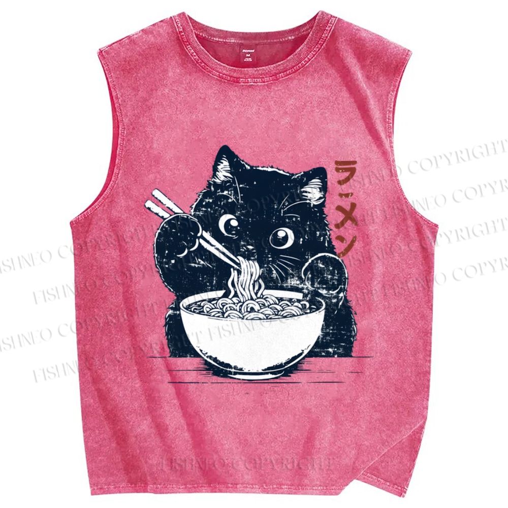 Unisex Ramen Black Cat Printed Washed Tank Top