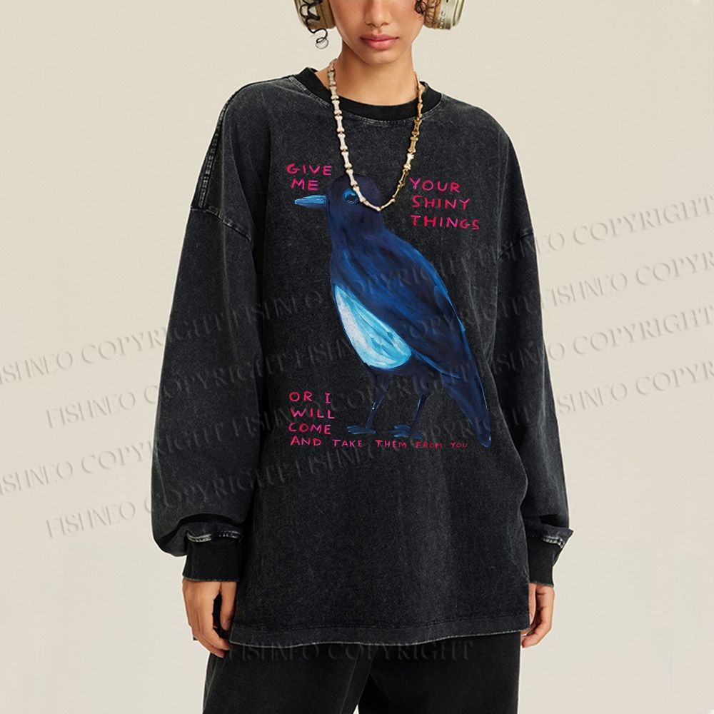 Unisex Casual Washed Give Me Bird Printed Long Sleeve T-shirt