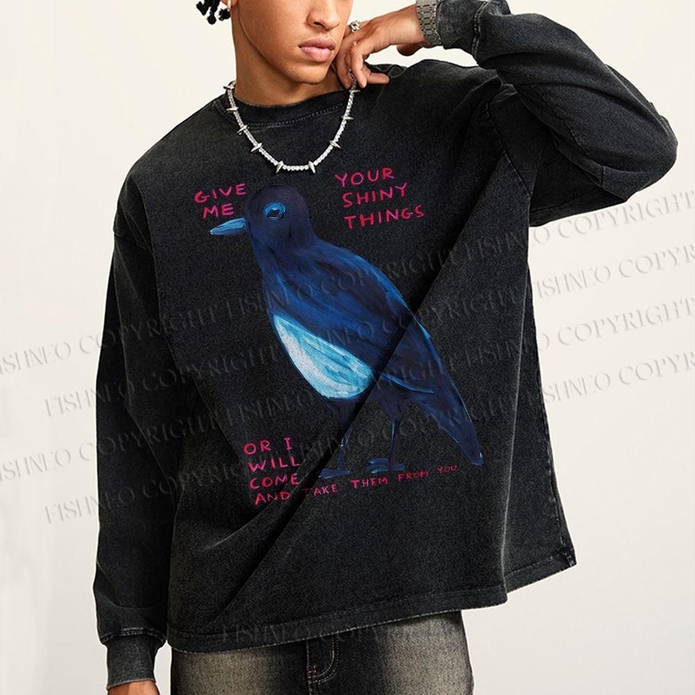 Unisex Casual Washed Give Me Bird Printed Long Sleeve T-shirt