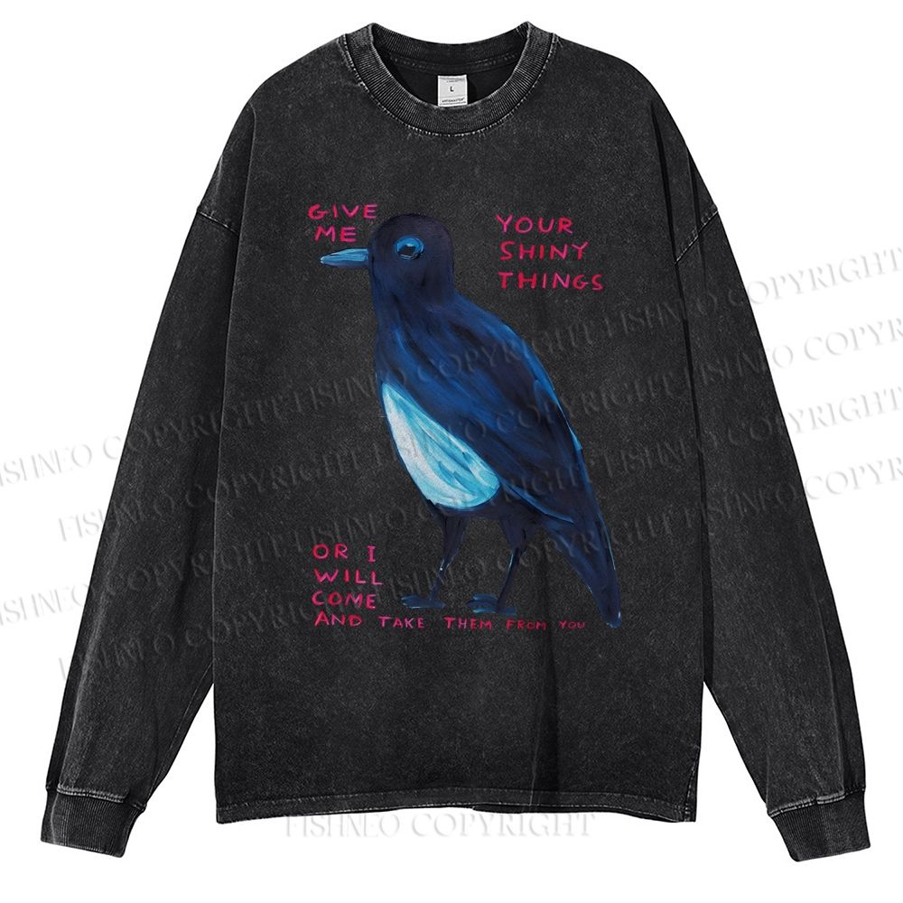 Unisex Casual Washed Give Me Bird Printed Long Sleeve T-shirt