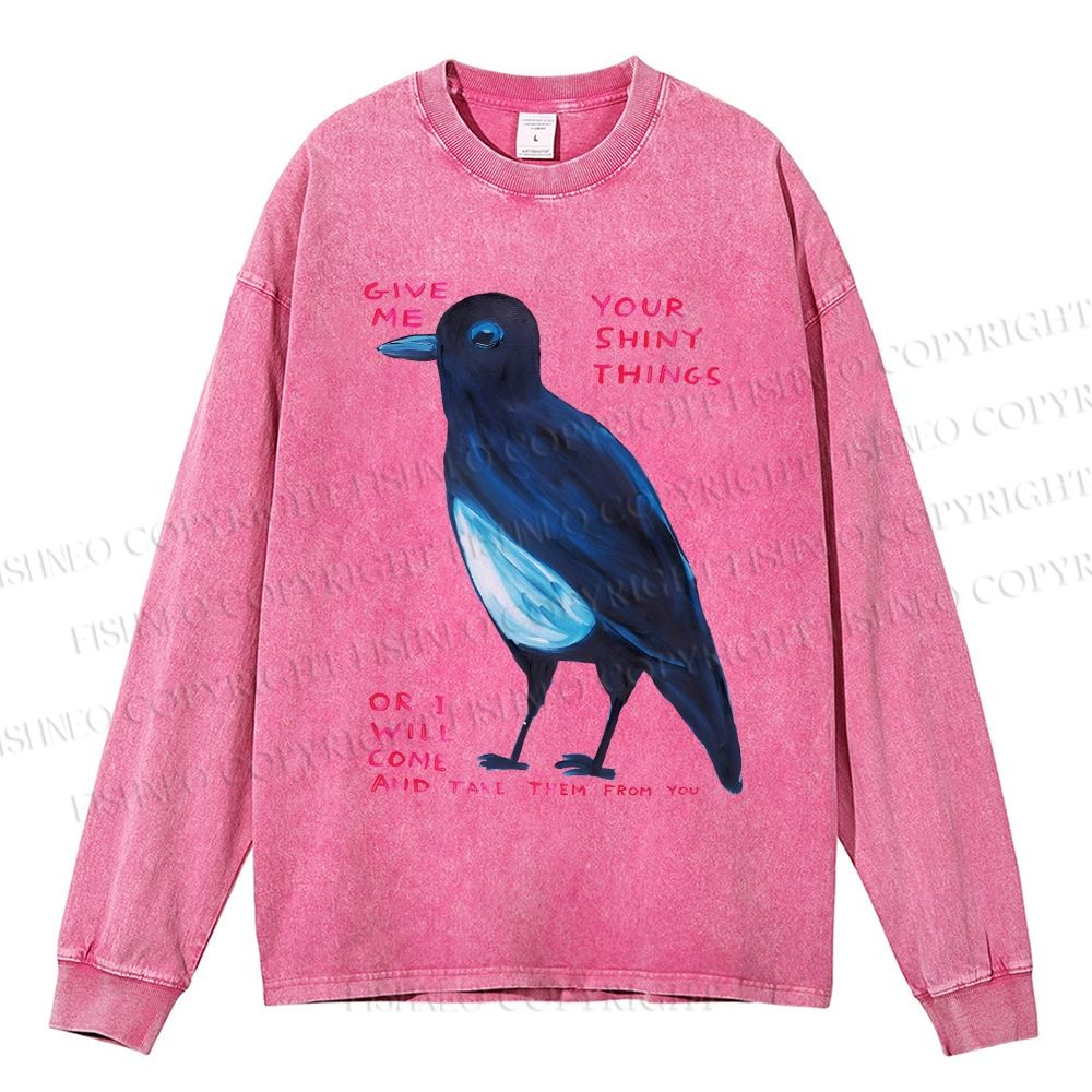 Unisex Casual Washed Give Me Bird Printed Long Sleeve T-shirt