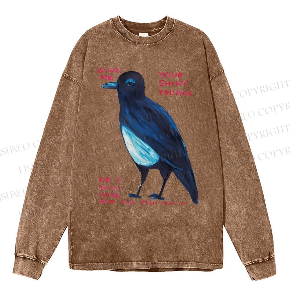 Unisex Casual Washed Give Me Bird Printed Long Sleeve T-shirt