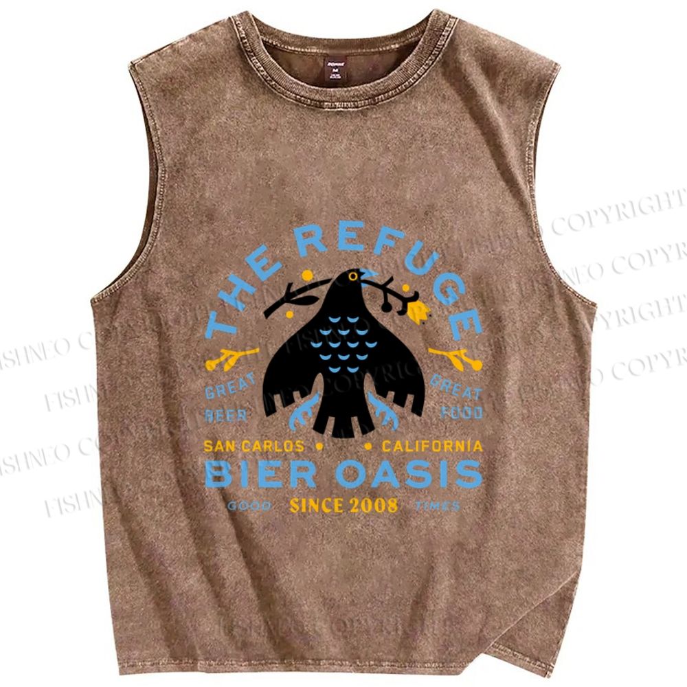 Unisex Black Bird Printed Washed Tank Top