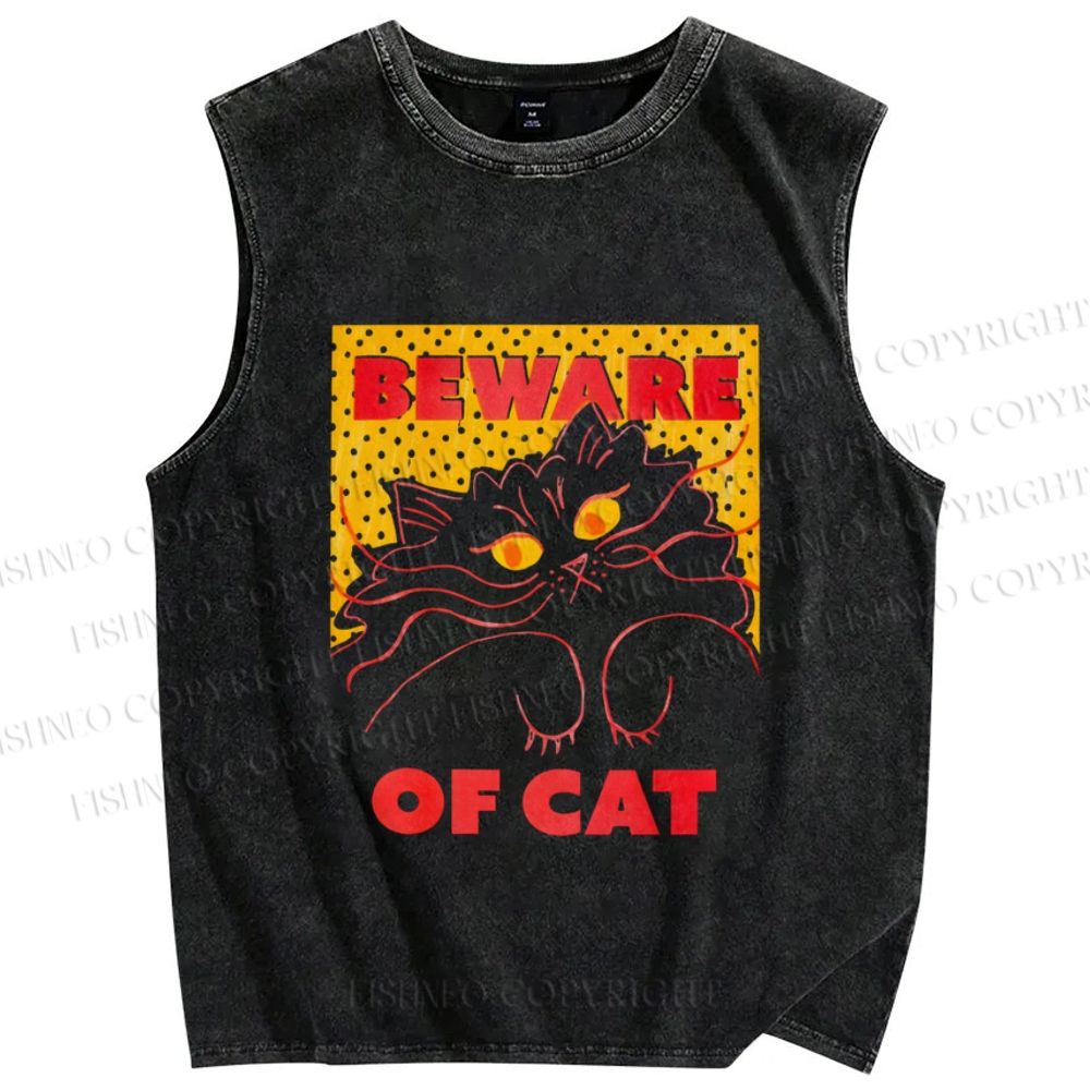 Unisex Be Ware of Cat Printed Washed Tank Top