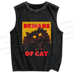 Unisex Be Ware of Cat Printed Washed Tank Top