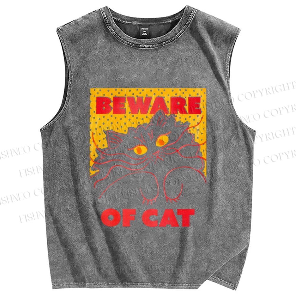 Unisex Be Ware of Cat Printed Washed Tank Top