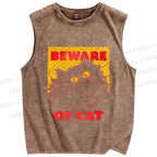 Unisex Be Ware of Cat Printed Washed Tank Top