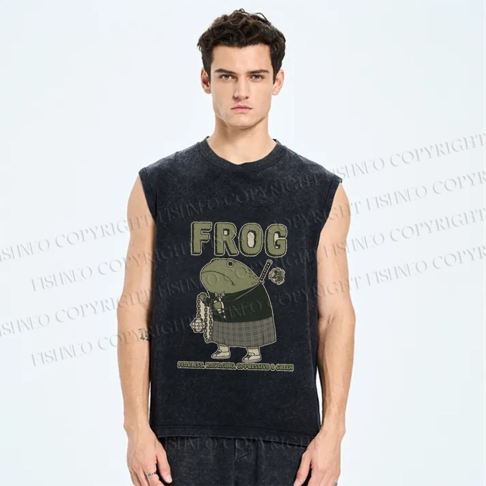 Unisex School Samurai Frog Printed Washed Tank Top