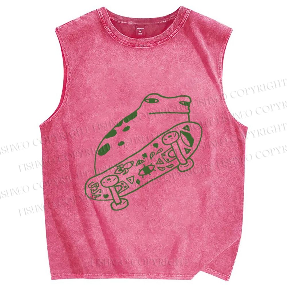 Unisex Silly Frog Skating Printed Washed Tank Top