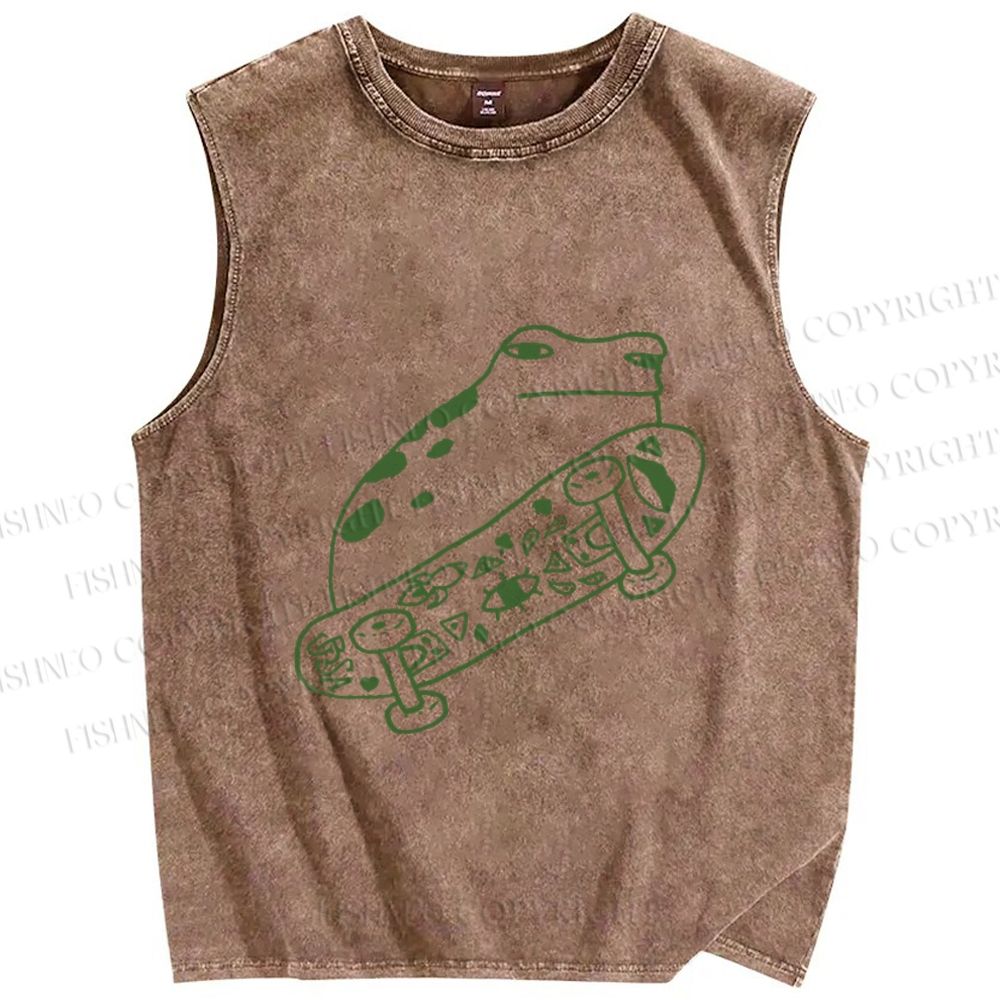 Unisex Silly Frog Skating Printed Washed Tank Top