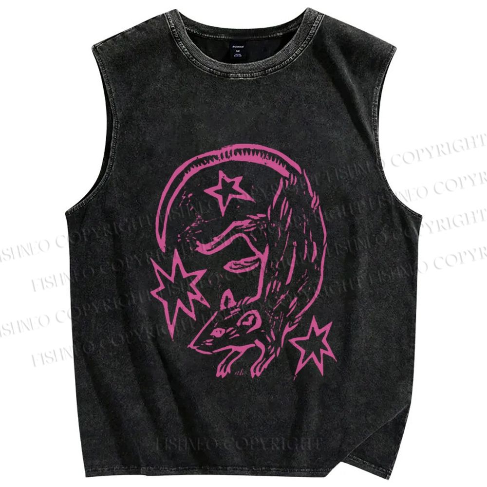 Unisex Rat With Stars Printed Washed Tank Top