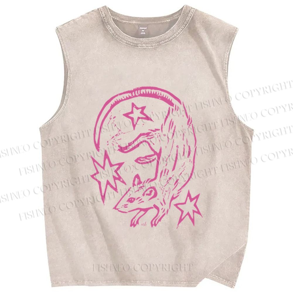 Unisex Rat With Stars Printed Washed Tank Top