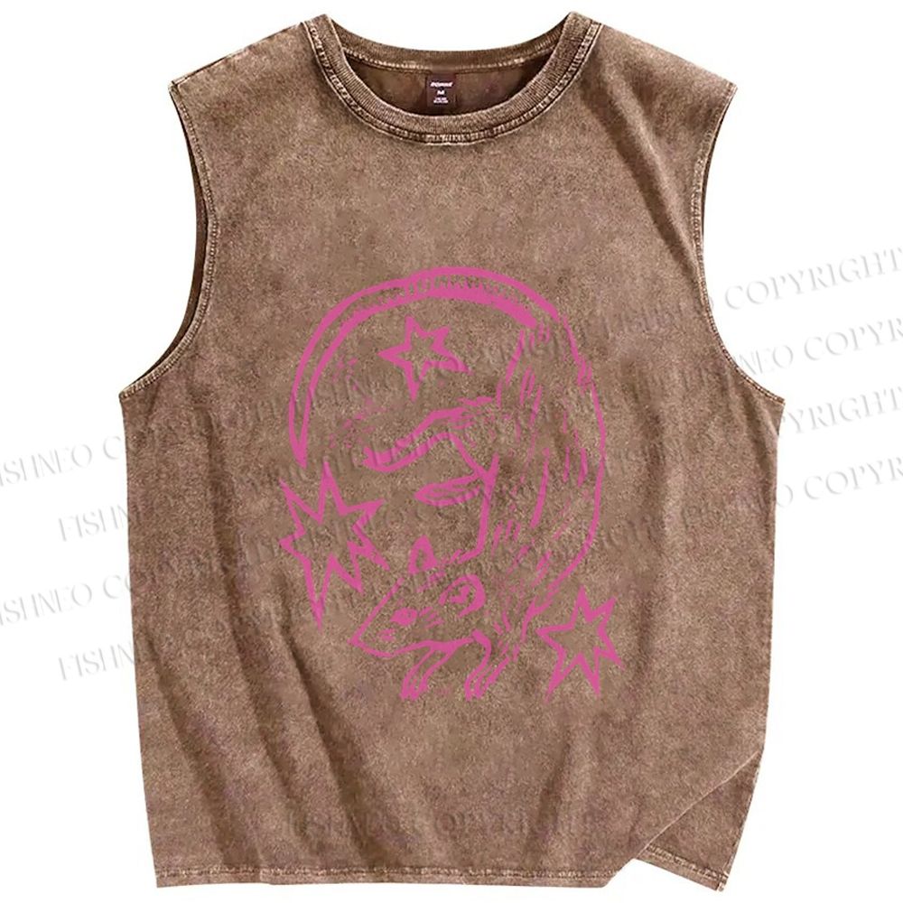 Unisex Rat With Stars Printed Washed Tank Top