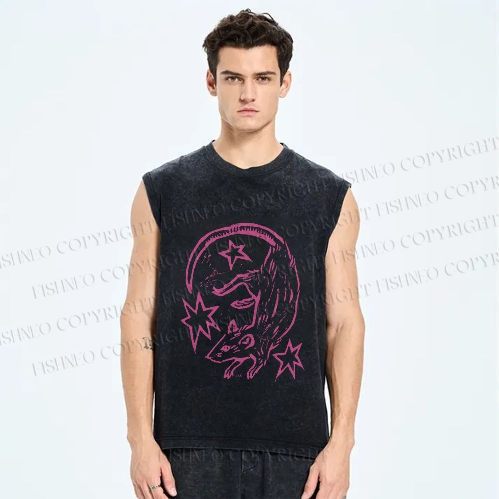 Unisex Rat With Stars Printed Washed Tank Top