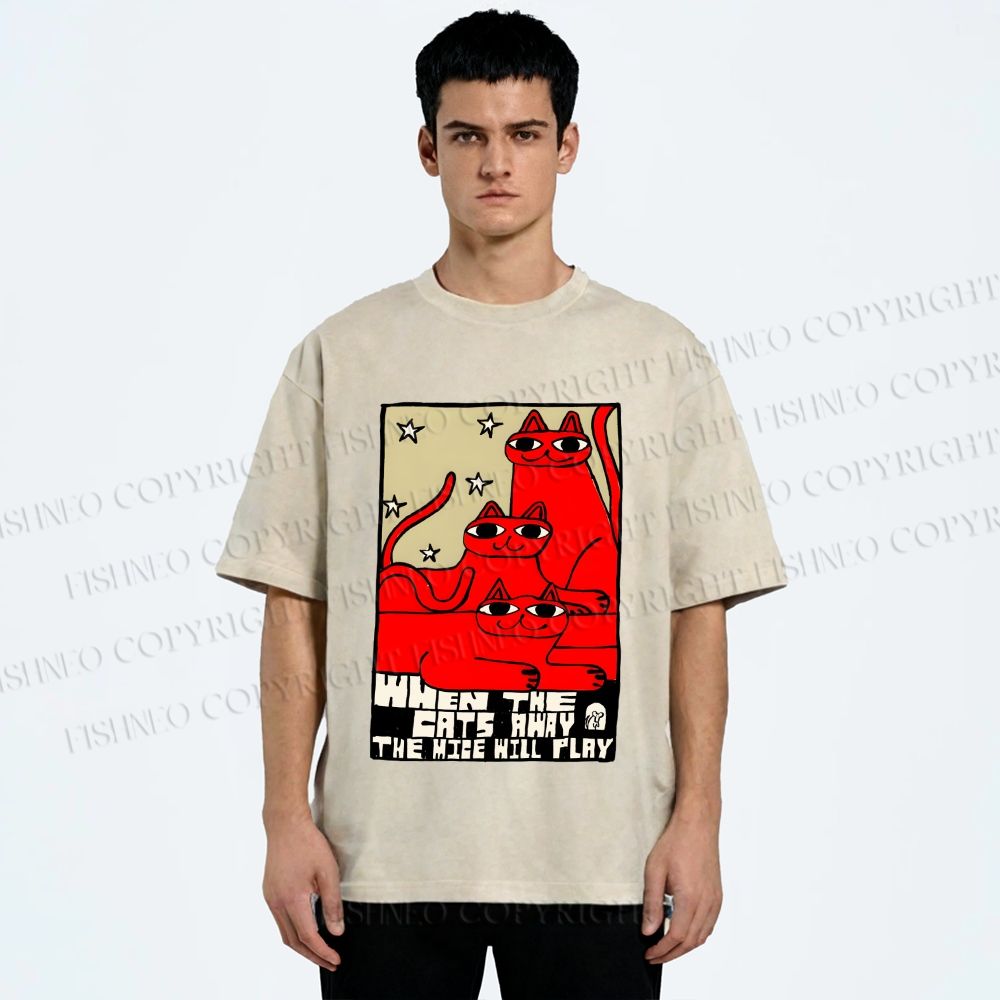 Unisex When the Cats Away the Mice Will Play Printed Washed Tee