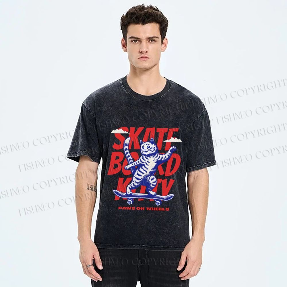 Unisex Happy Cat Skating Printed Washed Tee