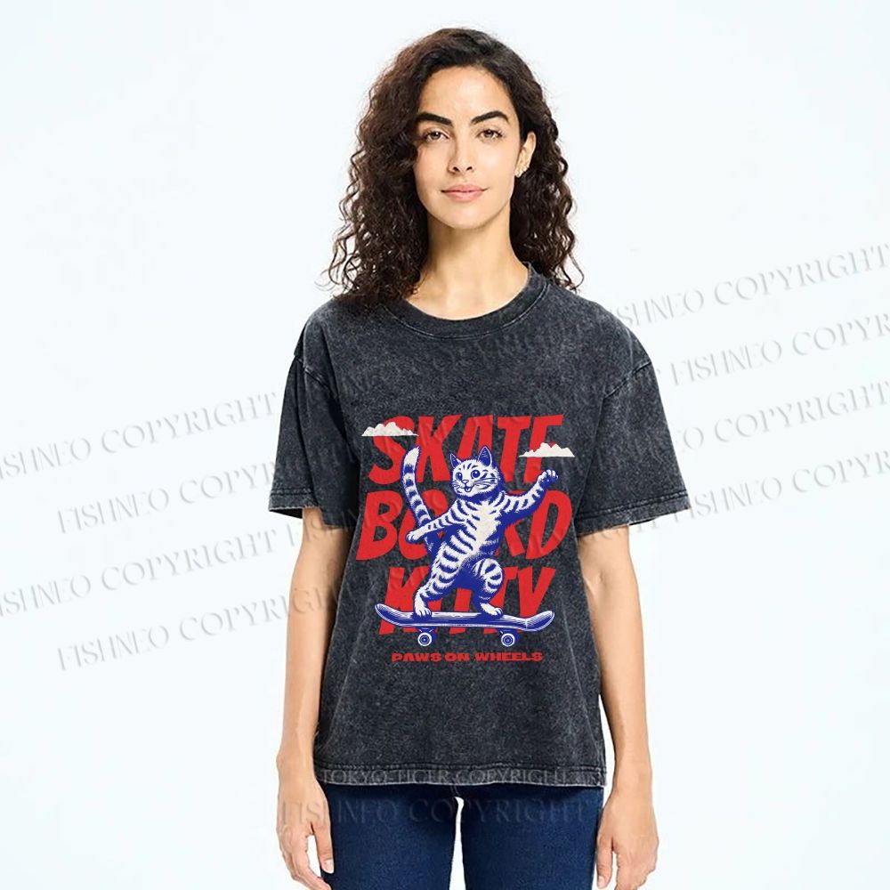 Unisex Happy Cat Skating Printed Washed Tee