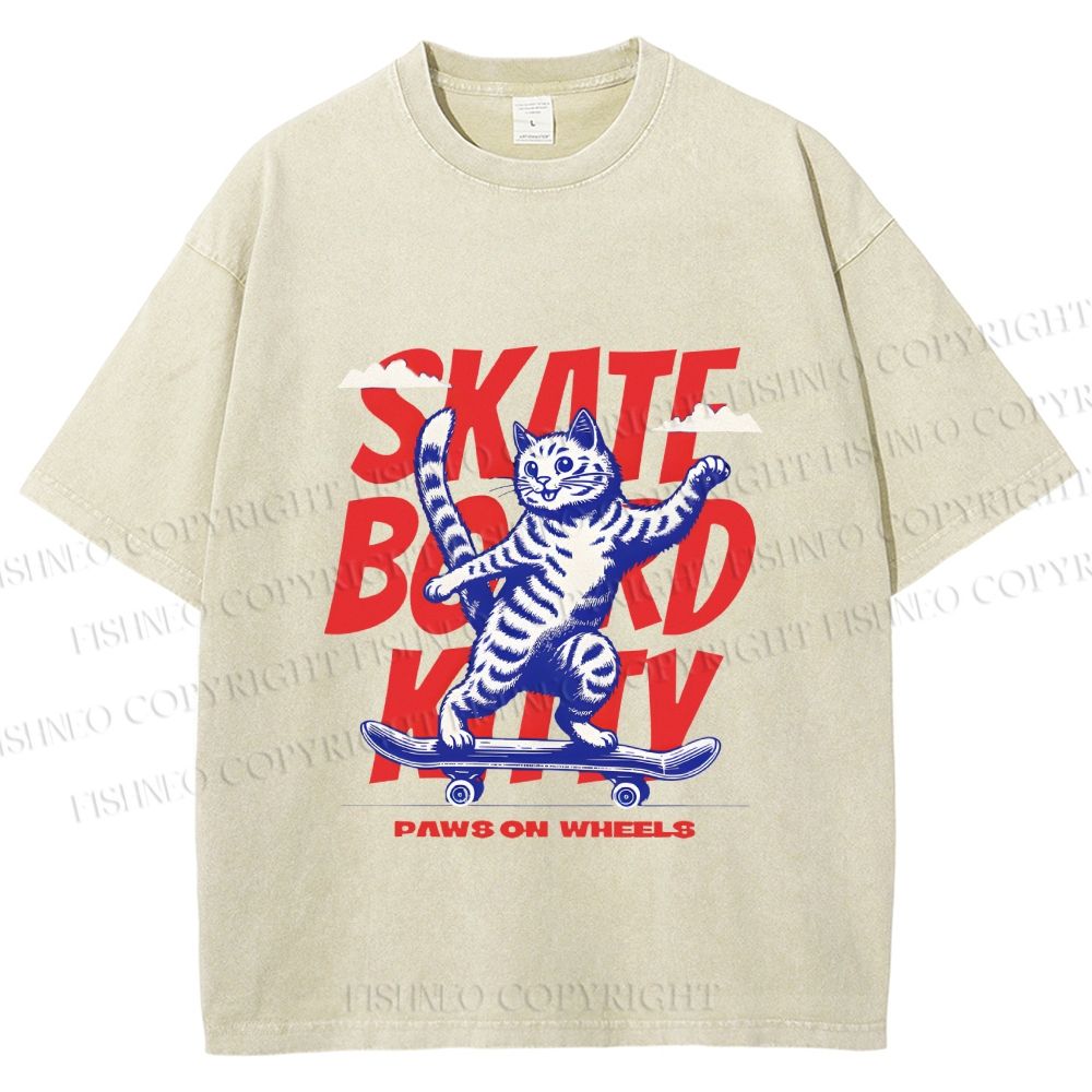 Unisex Happy Cat Skating Printed Washed Tee
