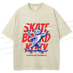 Unisex Happy Cat Skating Printed Washed Tee