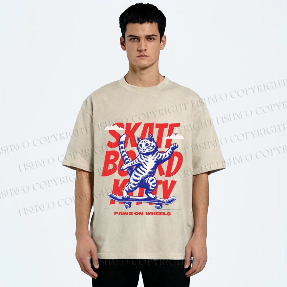 Unisex Happy Cat Skating Printed Washed Tee