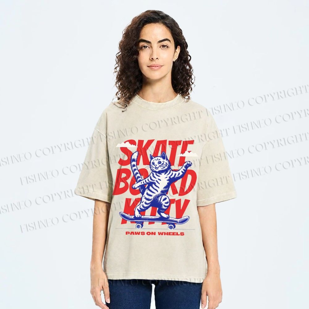 Unisex Happy Cat Skating Printed Washed Tee
