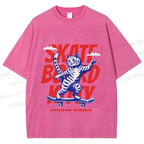 Unisex Happy Cat Skating Printed Washed Tee