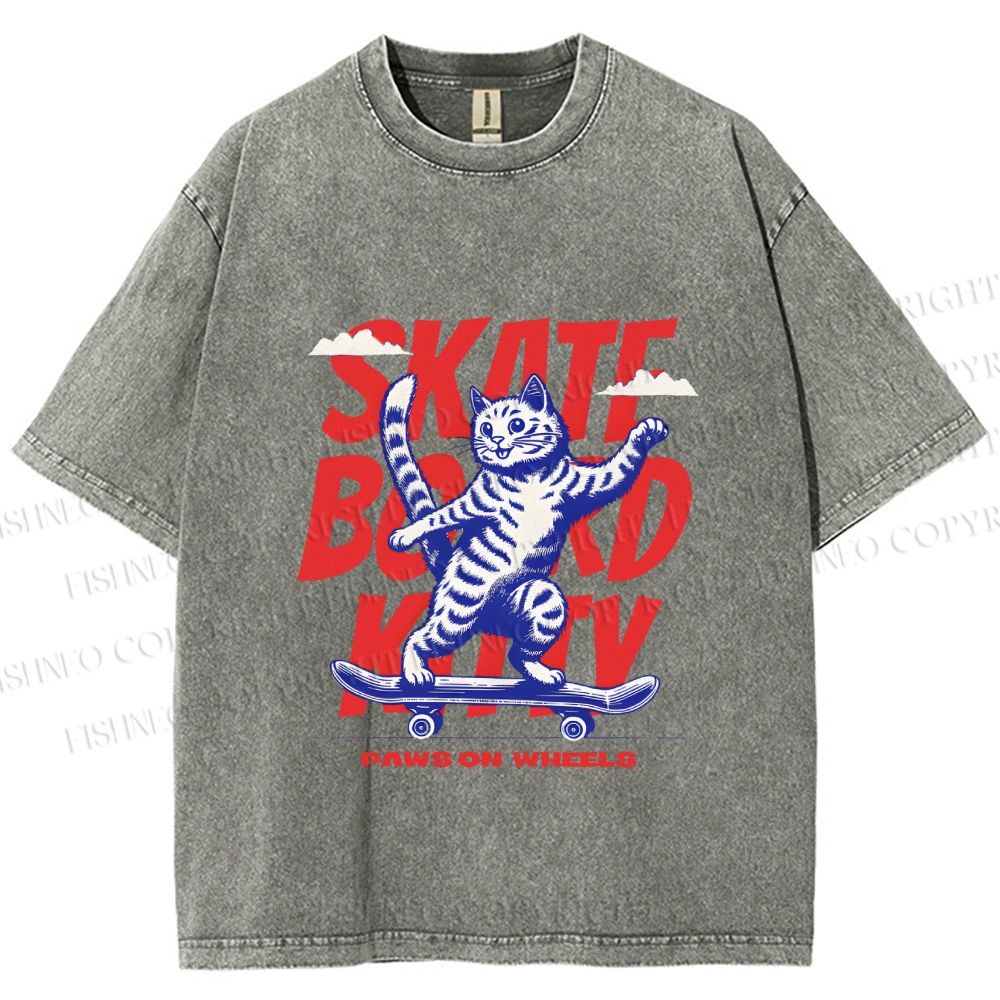 Unisex Happy Cat Skating Printed Washed Tee
