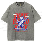 Unisex Happy Cat Skating Printed Washed Tee